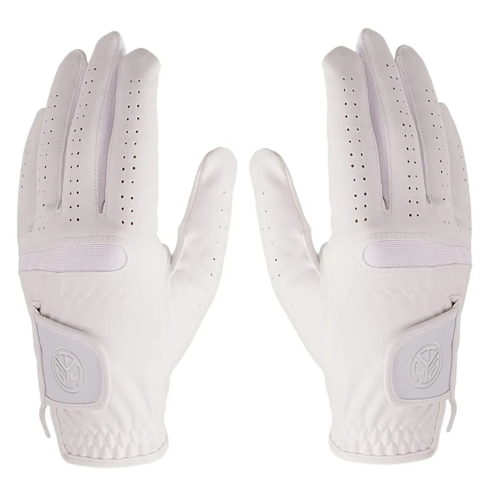 A pair of white breathable golf gloves shown from the palm side.