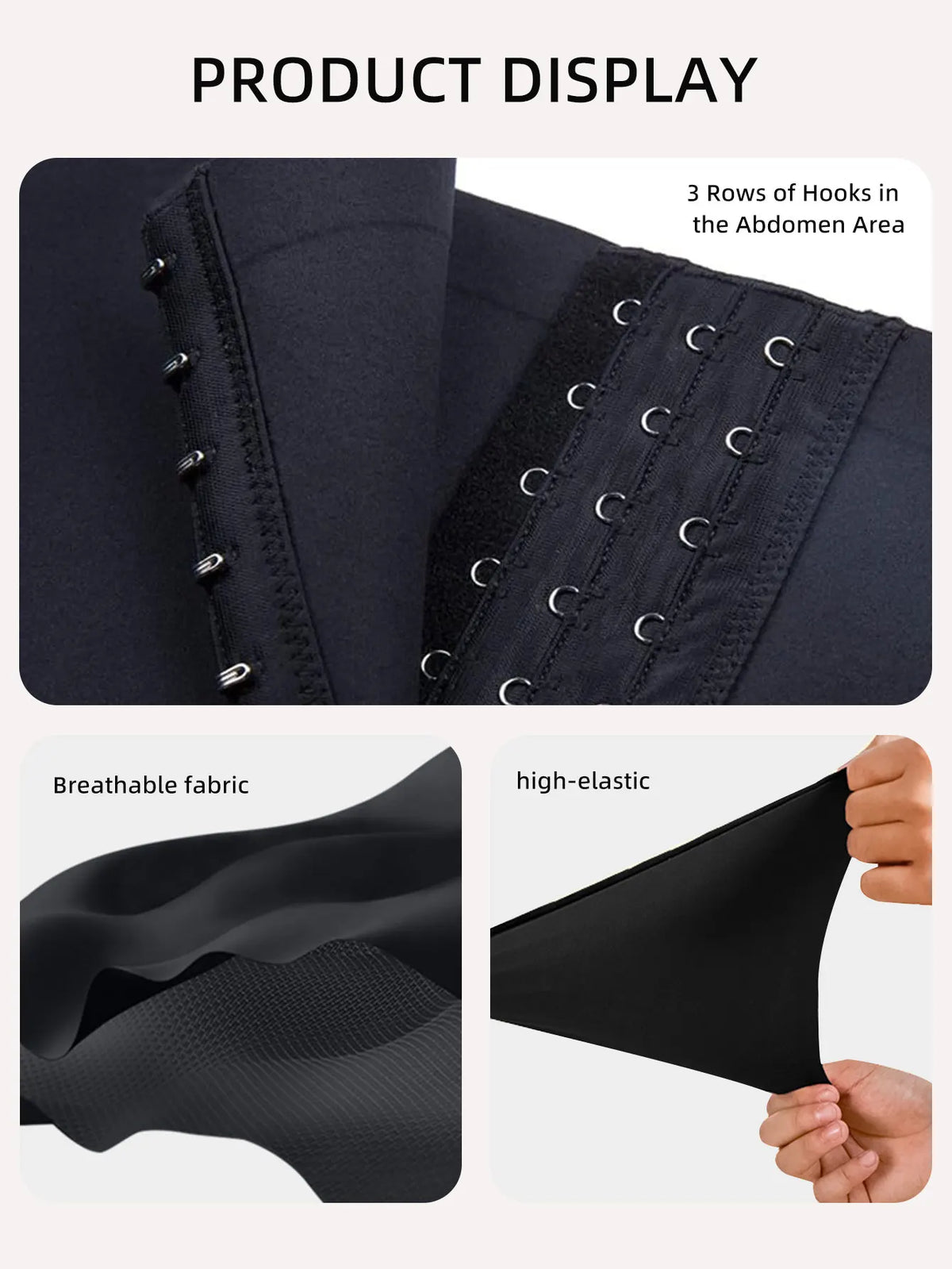 Close-up display of black high-waisted shaping leggings showing hooks and breathable fabric.