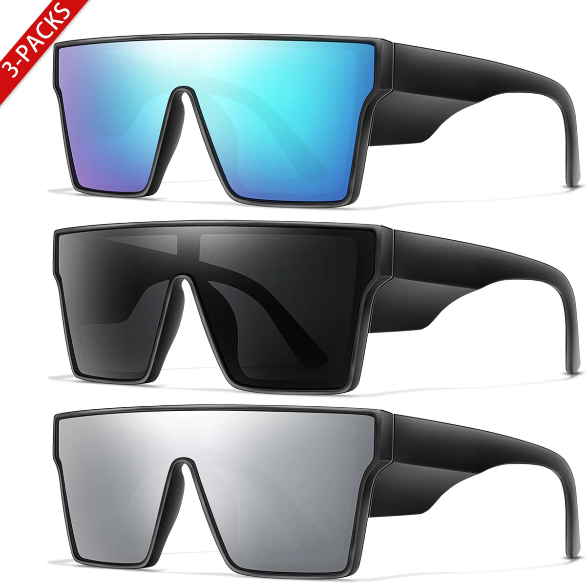 Tres pares de gafas de sol grandes UV400 en acabados azul, negro y gris.