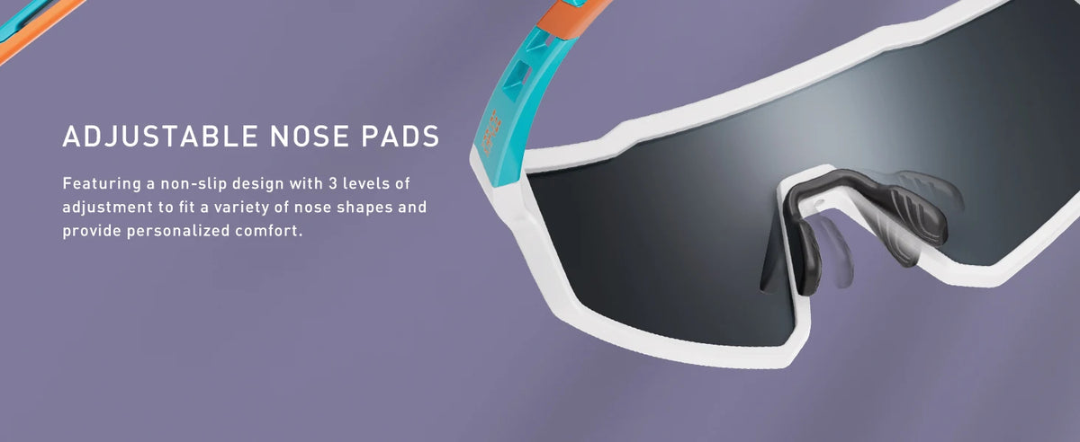 Adjustable nose pads on a pair of sports sunglasses with a non-slip design.