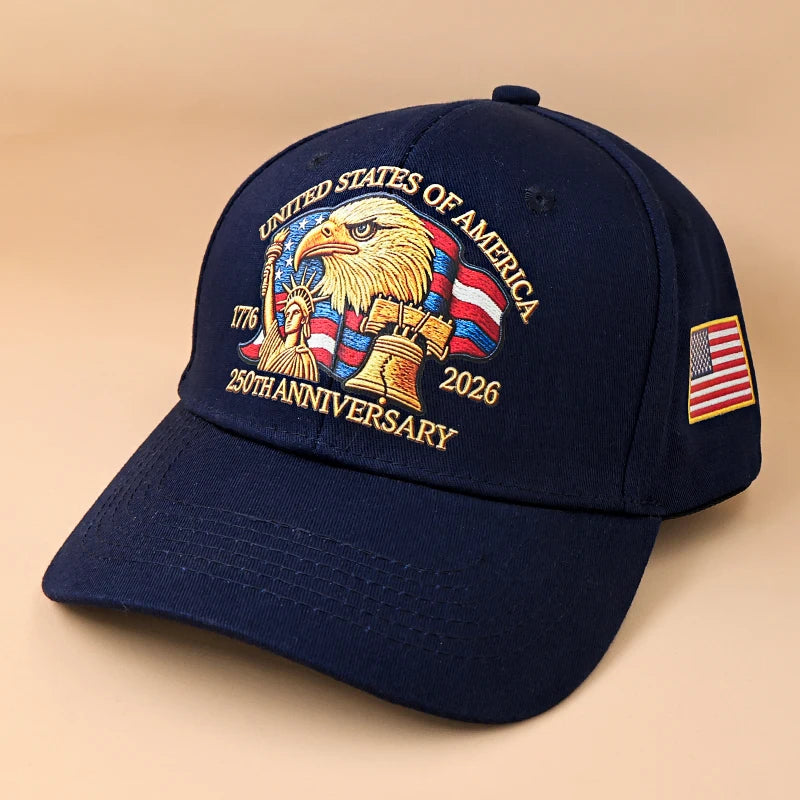 Navy blue adjustable peak hat featuring an embroidered design for the United States of America 250th Anniversary