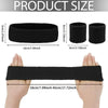 A set of black athletic sweatbands and a wide wristband shown with various sizes for hand and wrist measurement.