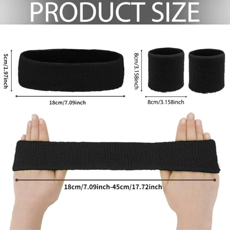A set of black athletic sweatbands and a wide wristband shown with various sizes for hand and wrist measurement.