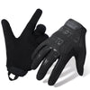 A pair of black tactical full finger combat gloves shown against a white background.
