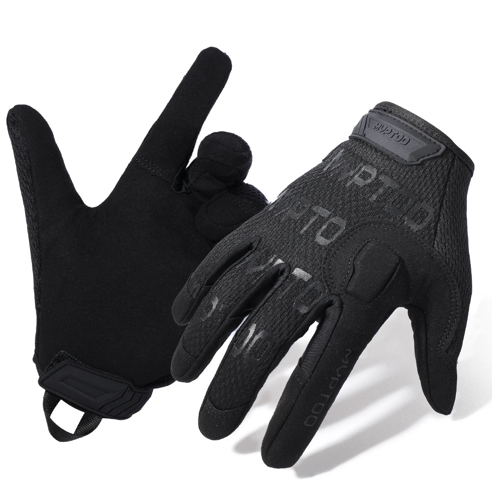 A pair of black tactical full finger combat gloves shown against a white background.