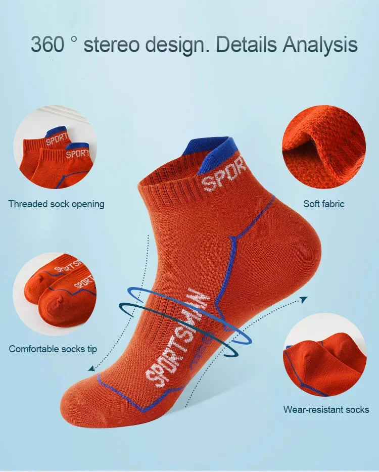 Orange performance socks displayed in various angles showing details like threaded openings and soft fabric texture.