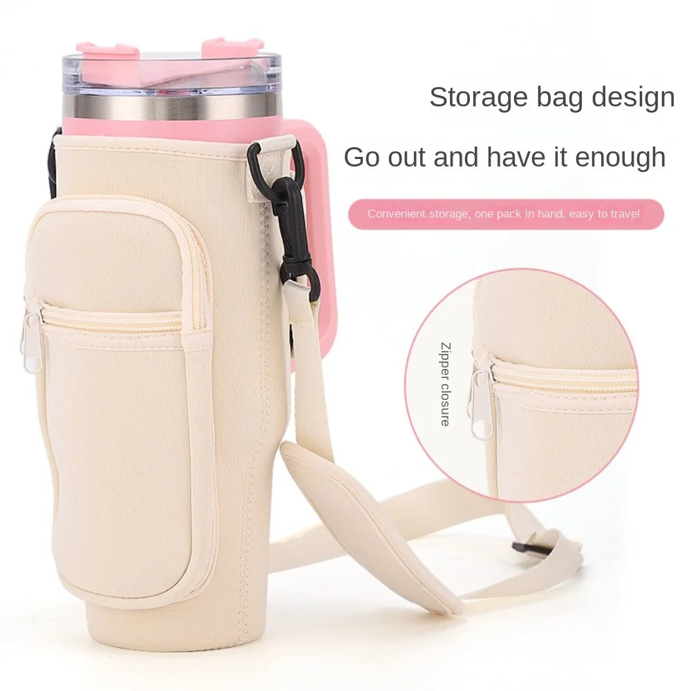 A beige adjustable water bottle carrier pouch with a pink strap and zipper closure for convenient storage.