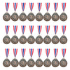 A row of thirteen gold, silver, and bronze award medals with red, white, and blue ribbons.