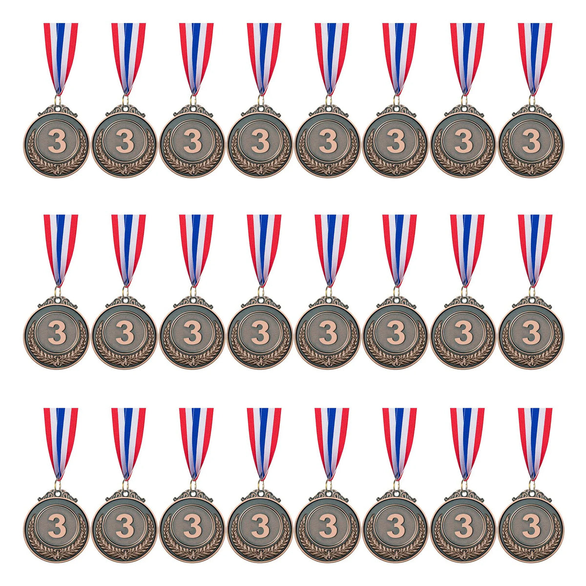 A row of thirteen gold, silver, and bronze award medals with red, white, and blue ribbons.