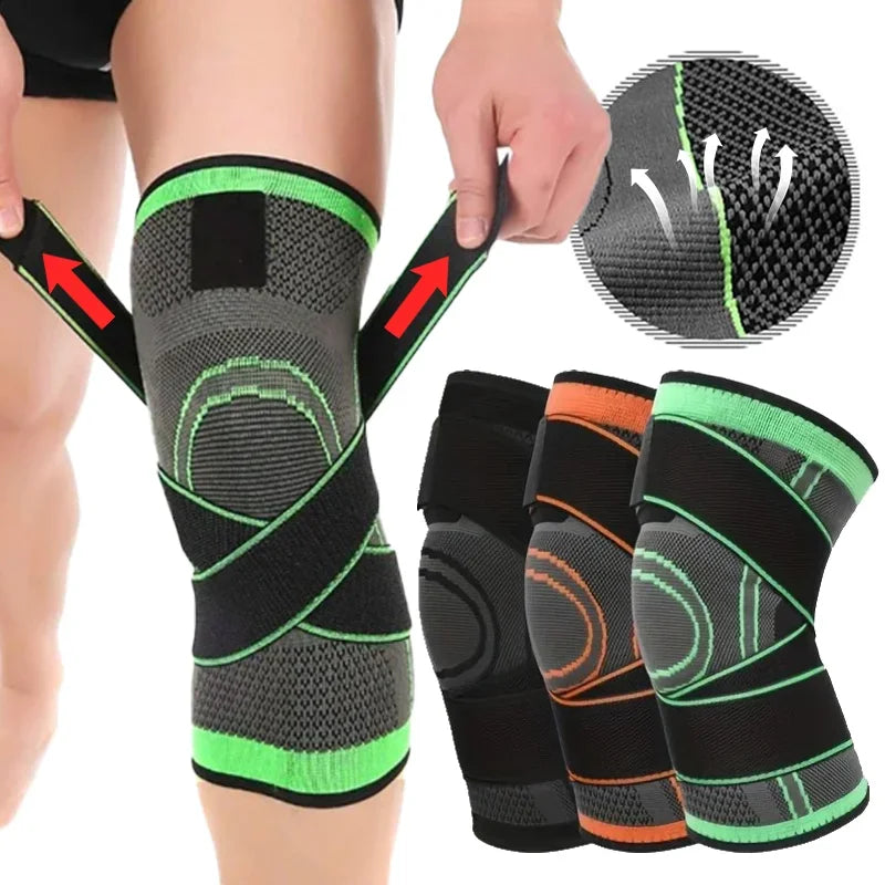 Adjustable sports knee pads in black, gray, and orange colors shown on a leg.