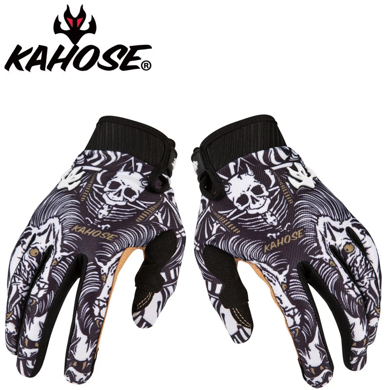 A pair of black and white Kahose full-finger motocross and off-road cycling gloves.