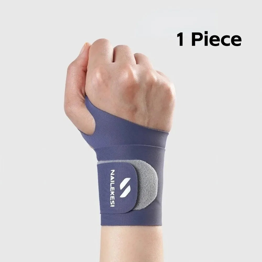 A hand wearing a purple wrist compression brace with a gray insert for sports and workout recovery.