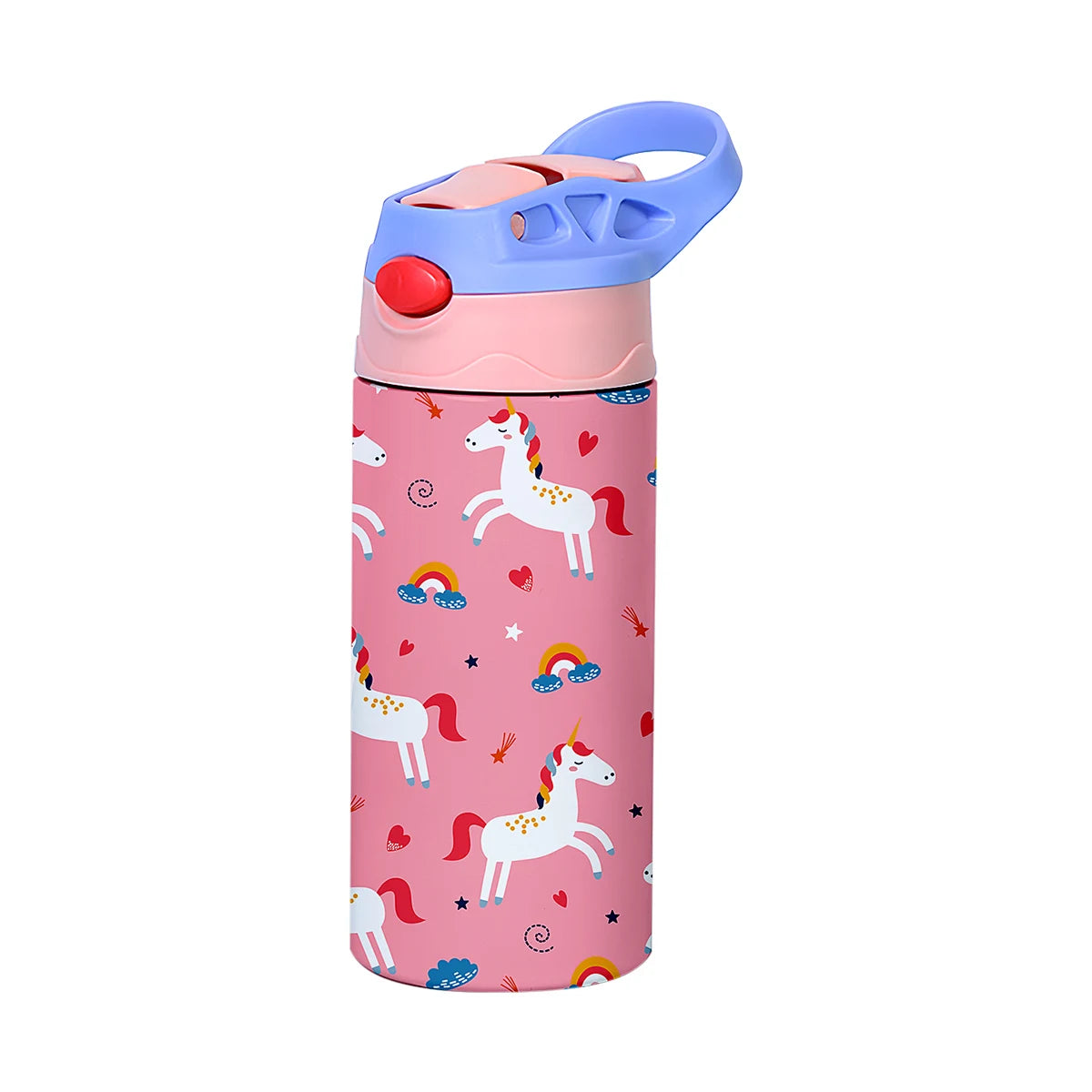 A pink and white unicorn patterned insulated stainless steel thermos cup with a blue lid.