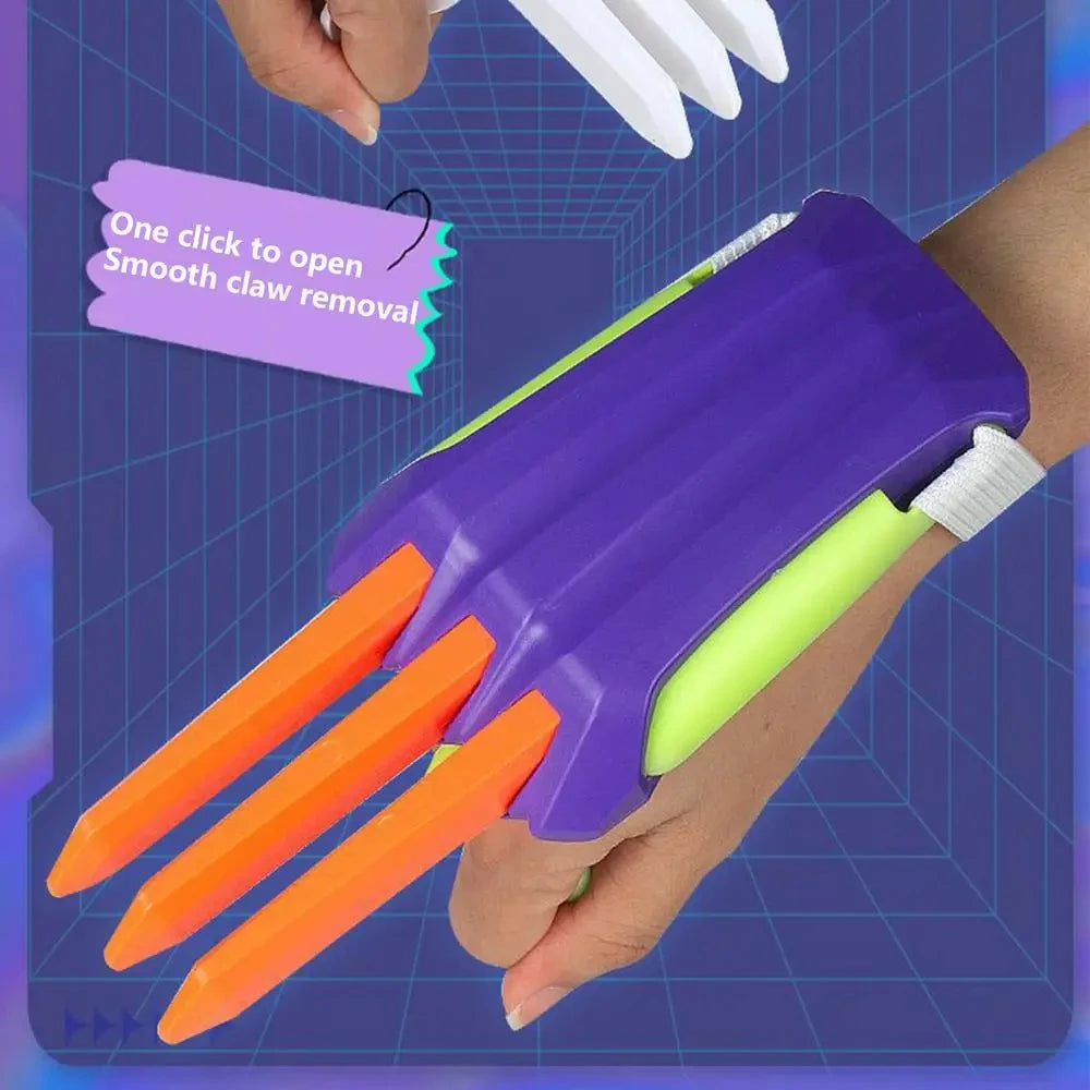 A hand is using a purple carrot fidget toy with orange fingers to remove nails, demonstrating a one-click smooth claw removal