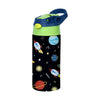 A black insulated stainless steel thermos cup with a cartoon pattern featuring planets and rockets.