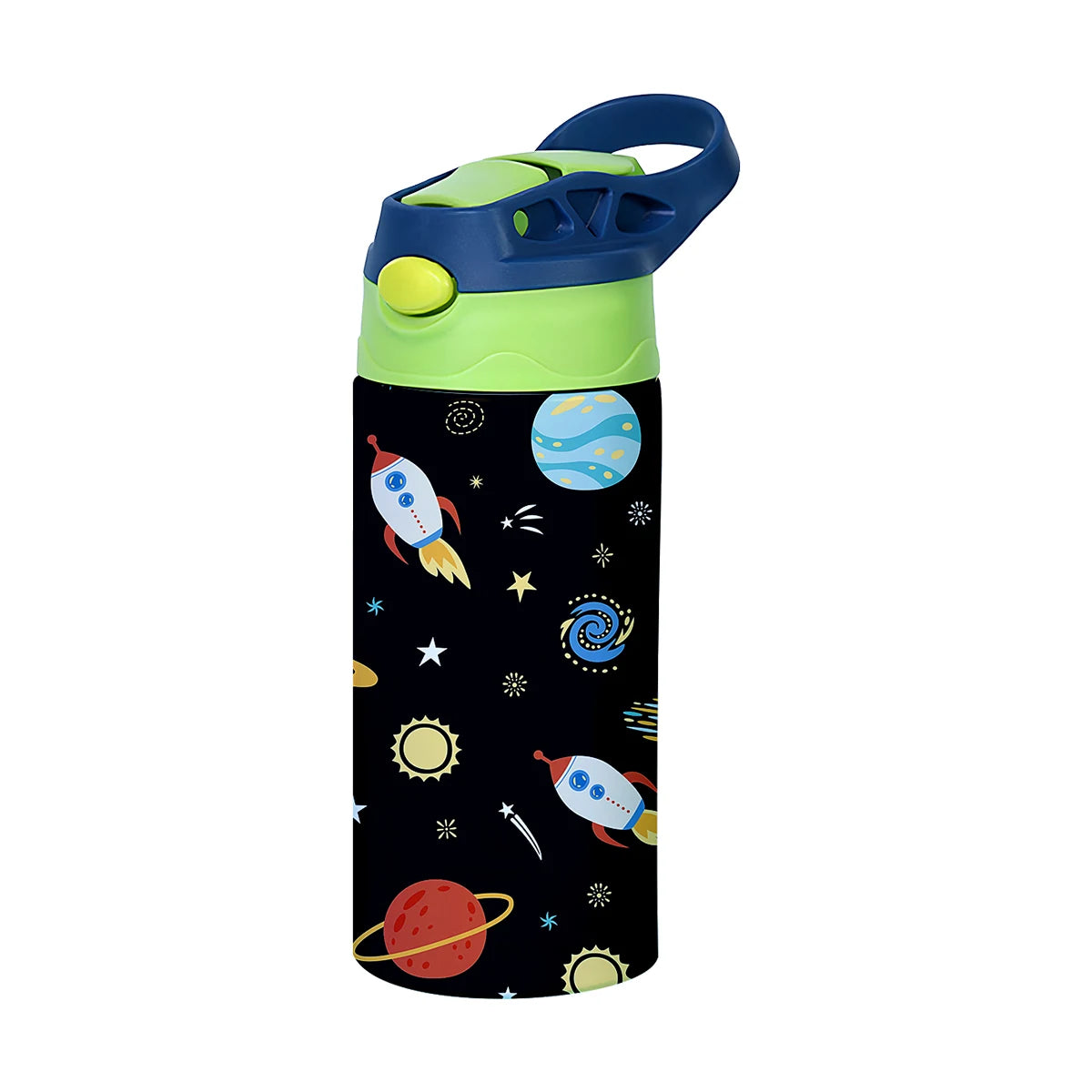 A black insulated stainless steel thermos cup with a cartoon pattern featuring planets and rockets.