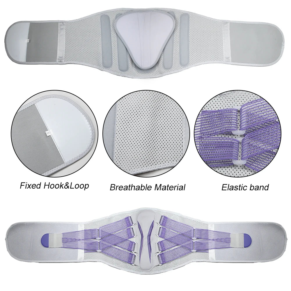 Ergonomic lumbar support brace shown in various views including fixed hook and loop, breathable material, and elastic band ap