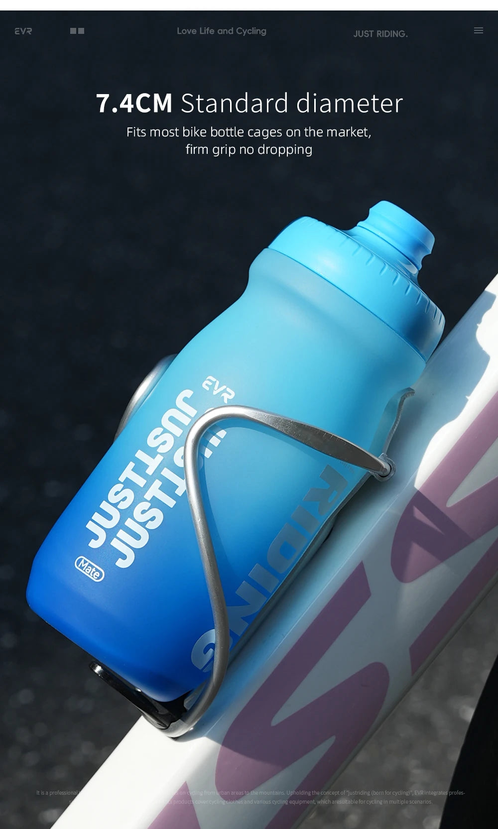 A blue cycling water bottle with a metal clip is shown resting on a pink and white bicycle frame.