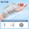 A hand wearing a gray wrist brace with a detachable aluminum plate and soft plastic support strip is shown on a light blue ba