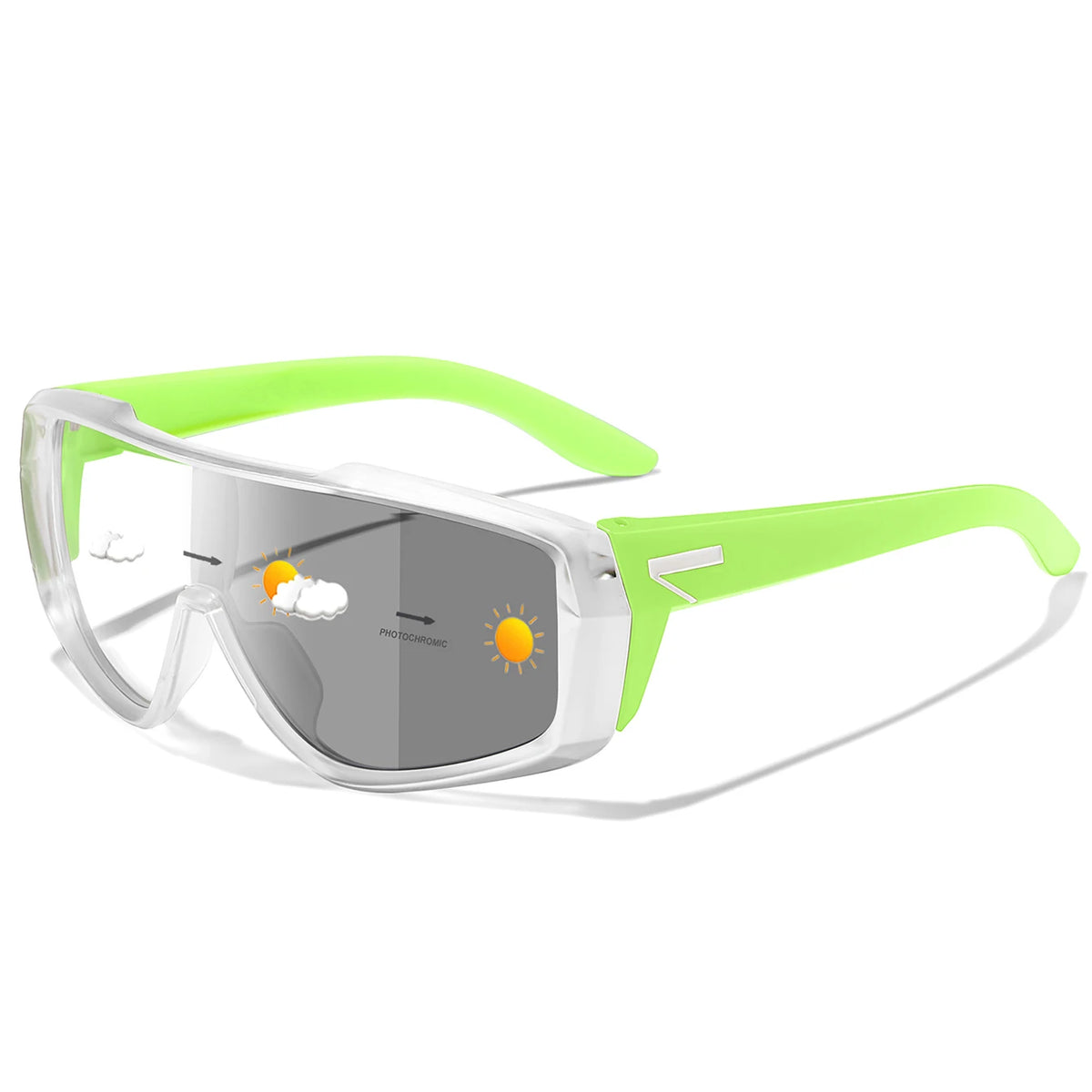 Lime green photochromic sports sunglasses with clear frames and a white lens