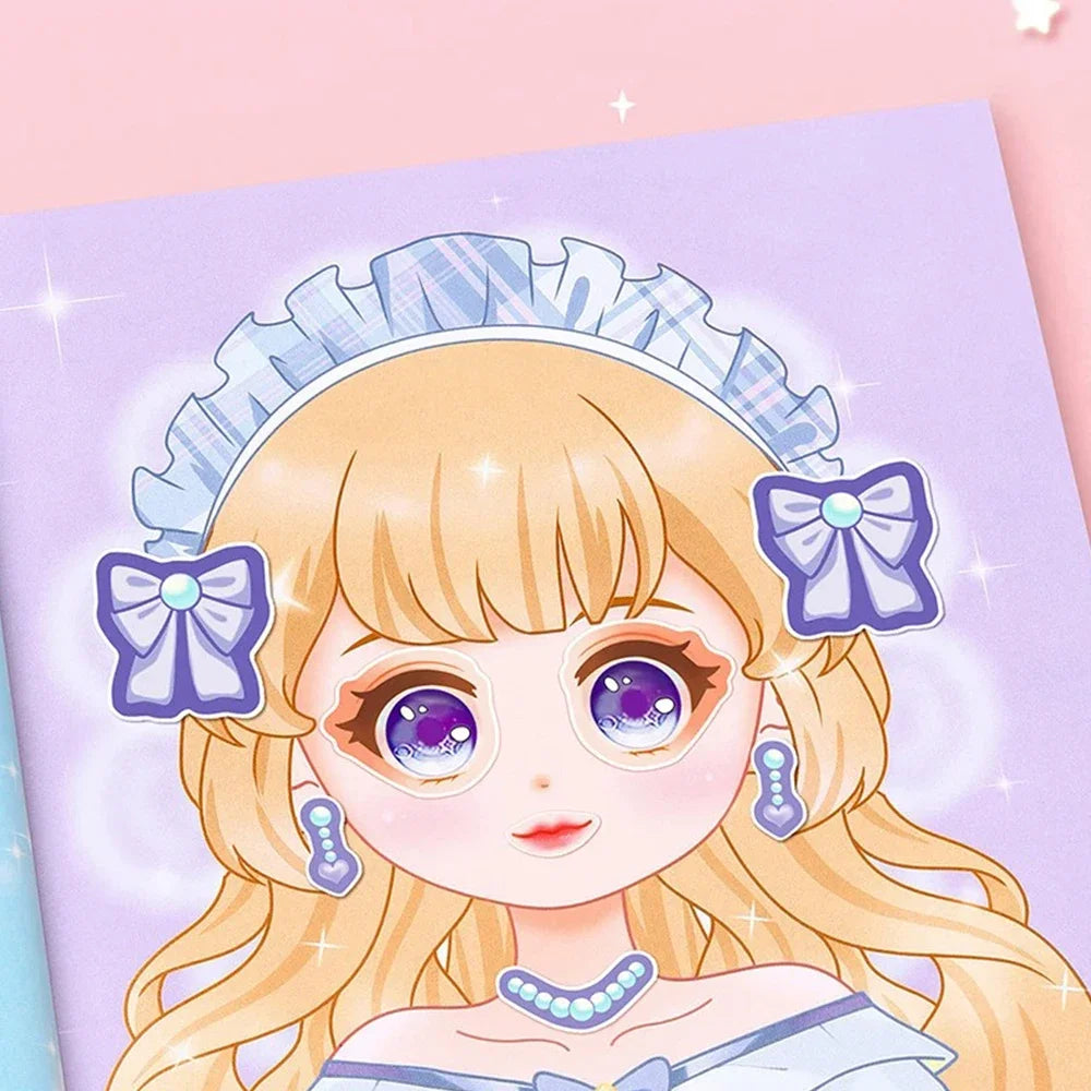 Ilustración estilo anime de una chica con cabello rubio vistiendo una corona y accesorios de lazo azul claro