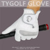 A white golf glove is shown on a hand, resting on a golf club shaft.