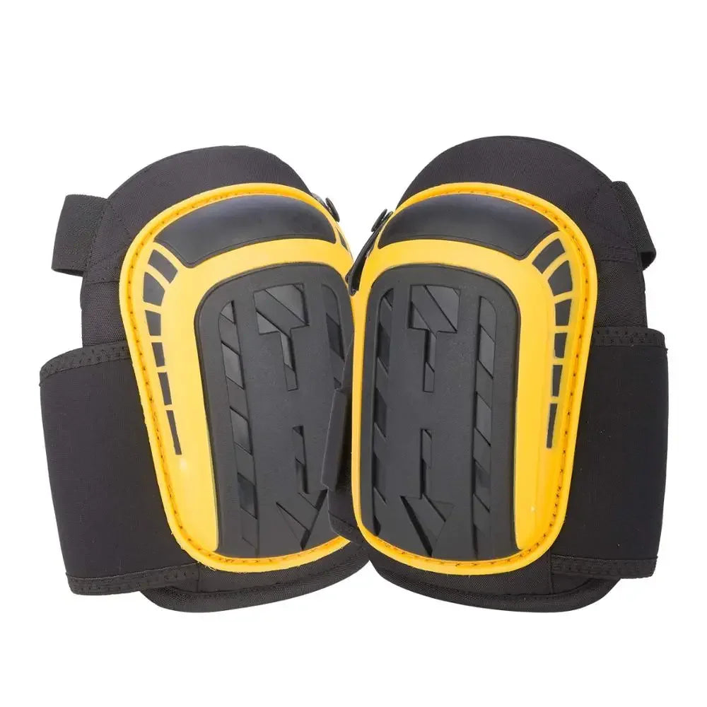 A pair of black and yellow heavy duty gel knee pads for protection.