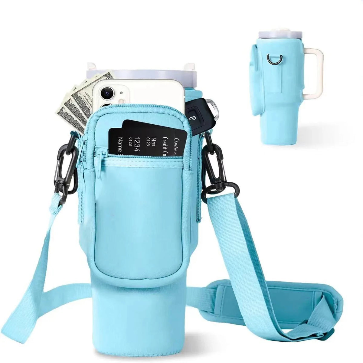 A light blue adjustable water bottle carrier bag with a phone pocket and a separate water bottle shown in a vertical orientat