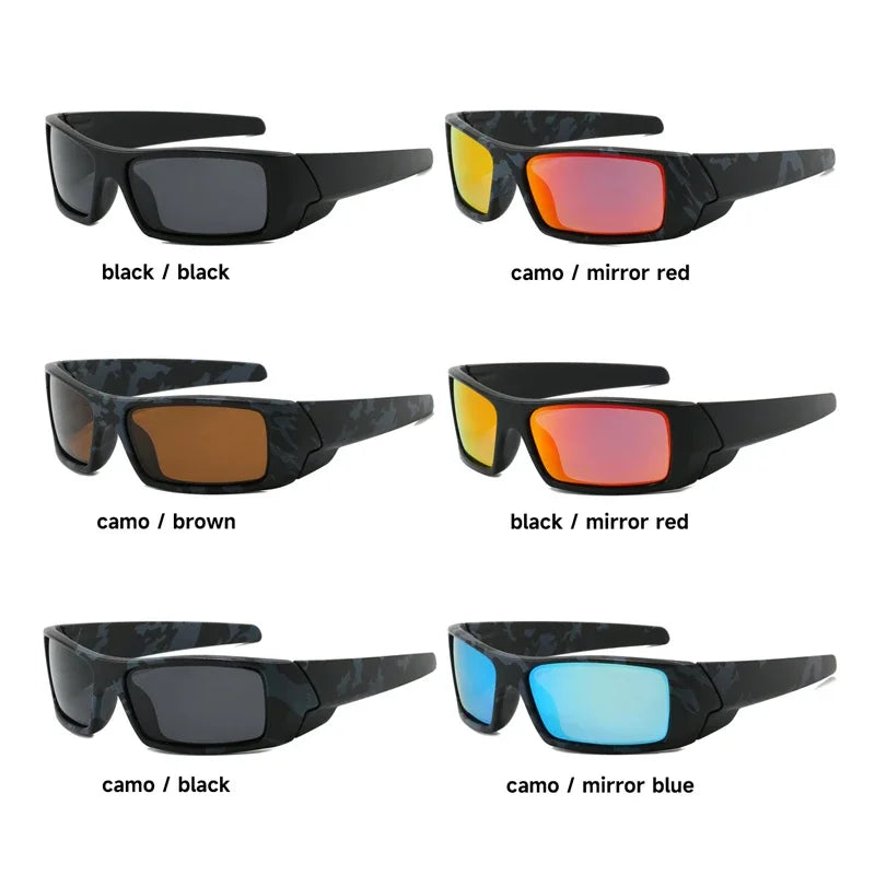 A set of polarized cycling and driving sunglasses shown in various camouflage patterns and mirrored colors.