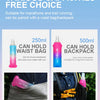 A pink water bottle is shown being used as a waist bag for running, and a blue water bottle is shown being carried in a backp