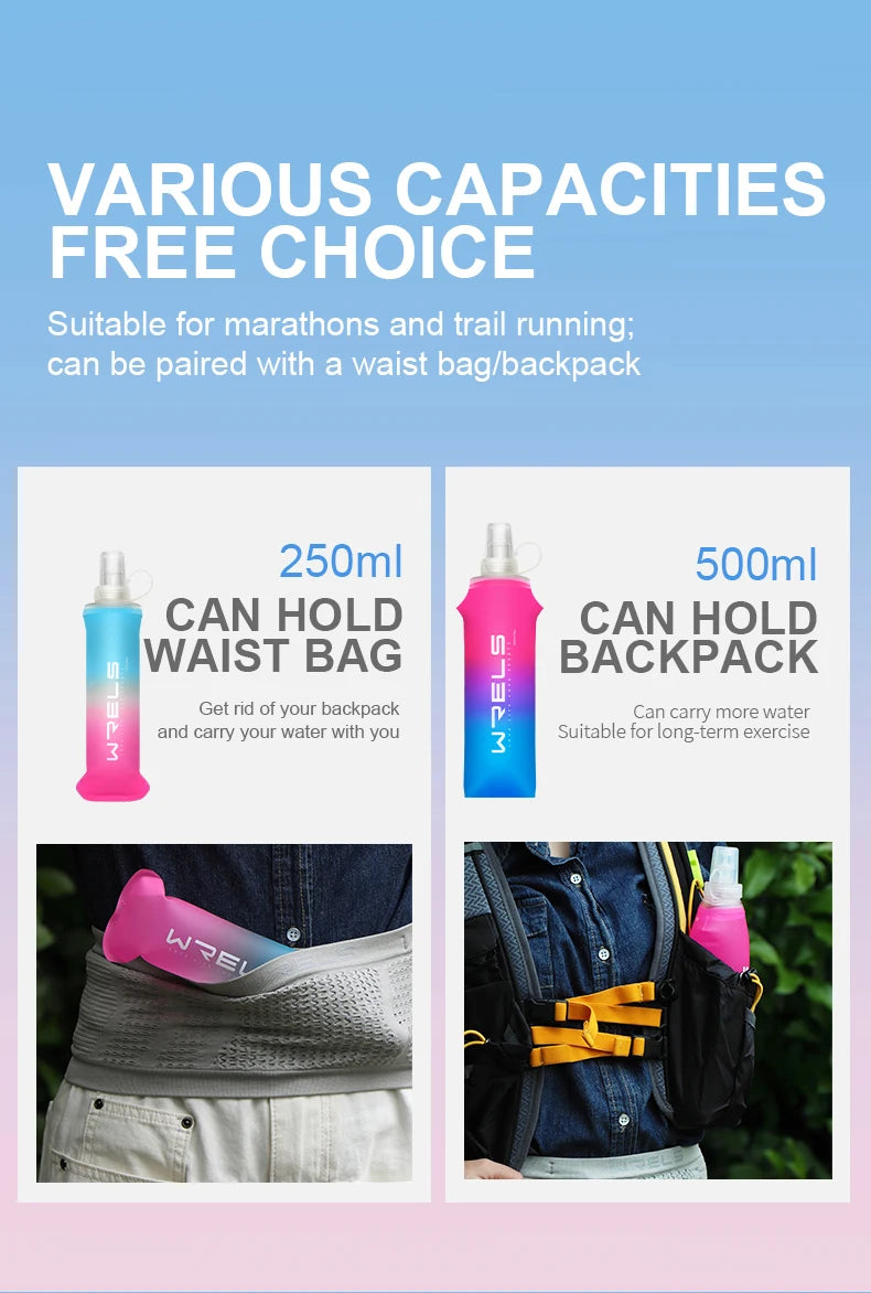 A pink water bottle is shown being used as a waist bag for running, and a blue water bottle is shown being carried in a backp