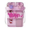 A pink double-walled drinking cup with a lid and straw featuring a cute lion design.
