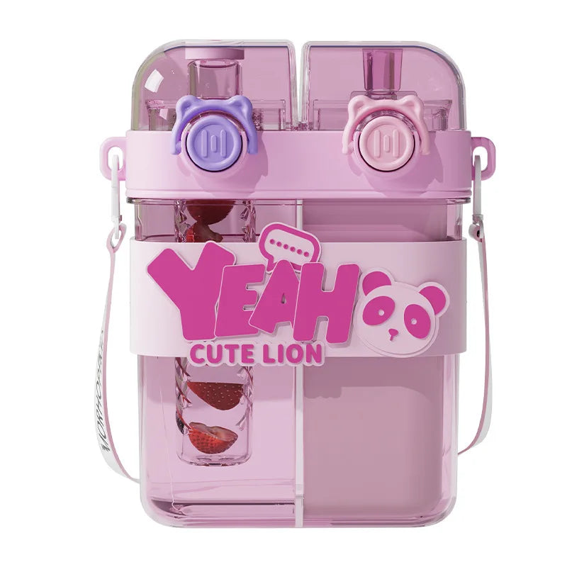 A pink double-walled drinking cup with a lid and straw featuring a cute lion design.