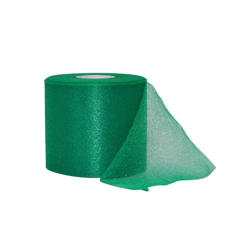 A roll of green protective foam athletic tape wrap, shown partially unwrapped.