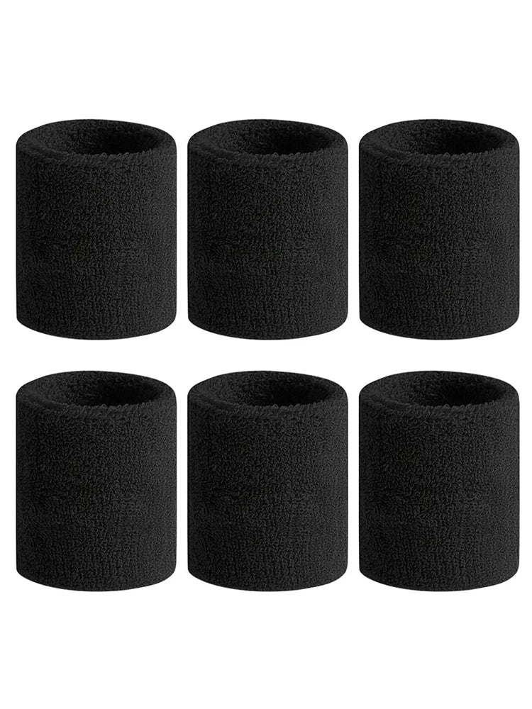 Six black sweat-absorbing sports wrist guards arranged in two rows of three.