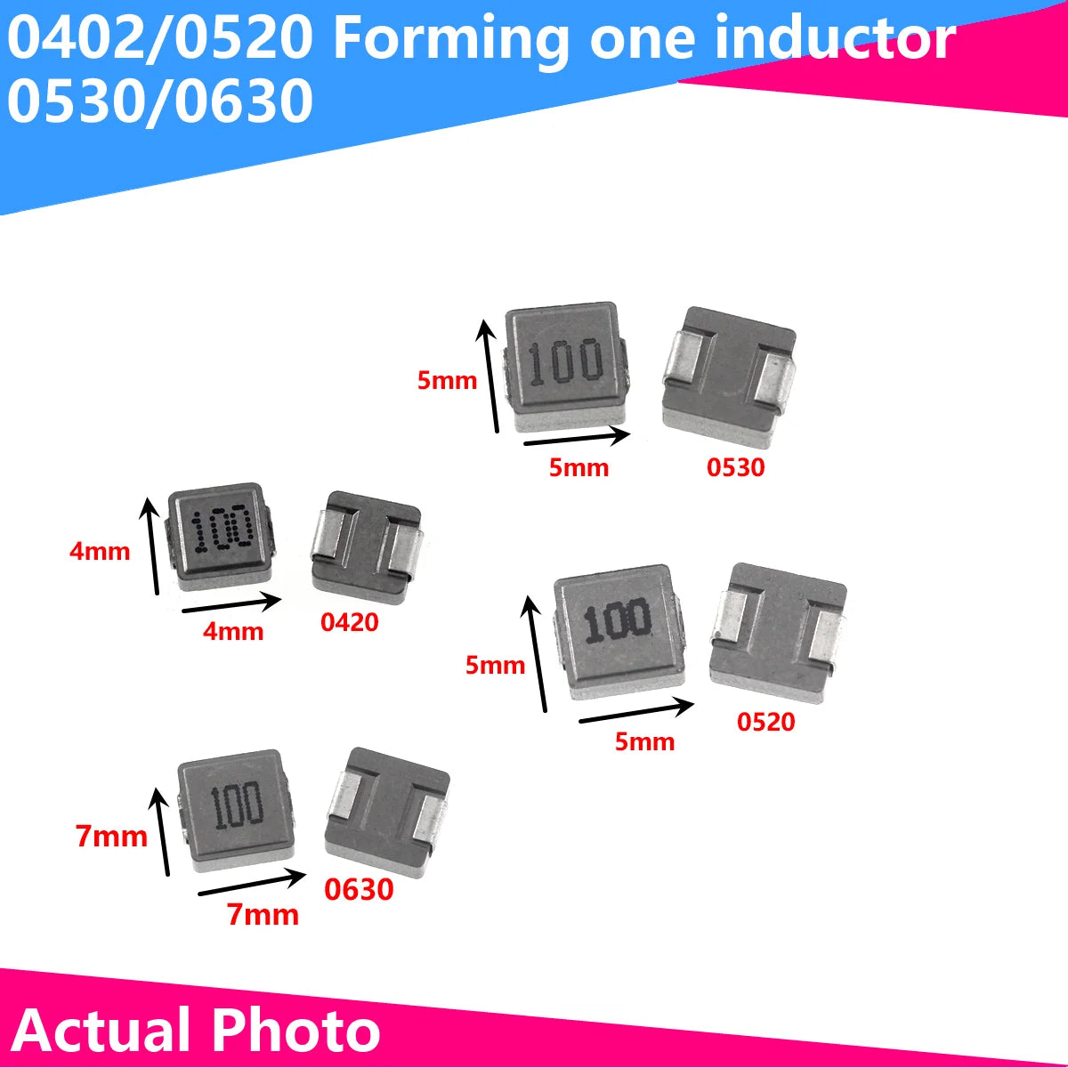 A photo showing various SMD power choke coils labeled 0402/0520 forming one inductor, including components with values like 1