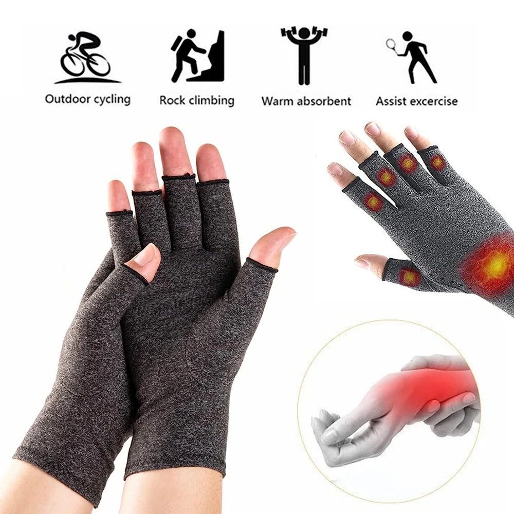 Gray compression hand gloves shown on a hand, with icons indicating uses like outdoor cycling and muscle absorption.