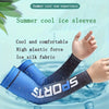 A hand wearing a blue ice silk fabric cooling sleeve for summer use, showing the elastic fit and water droplets.