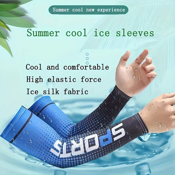 A hand wearing a blue ice silk fabric cooling sleeve for summer use, showing the elastic fit and water droplets.
