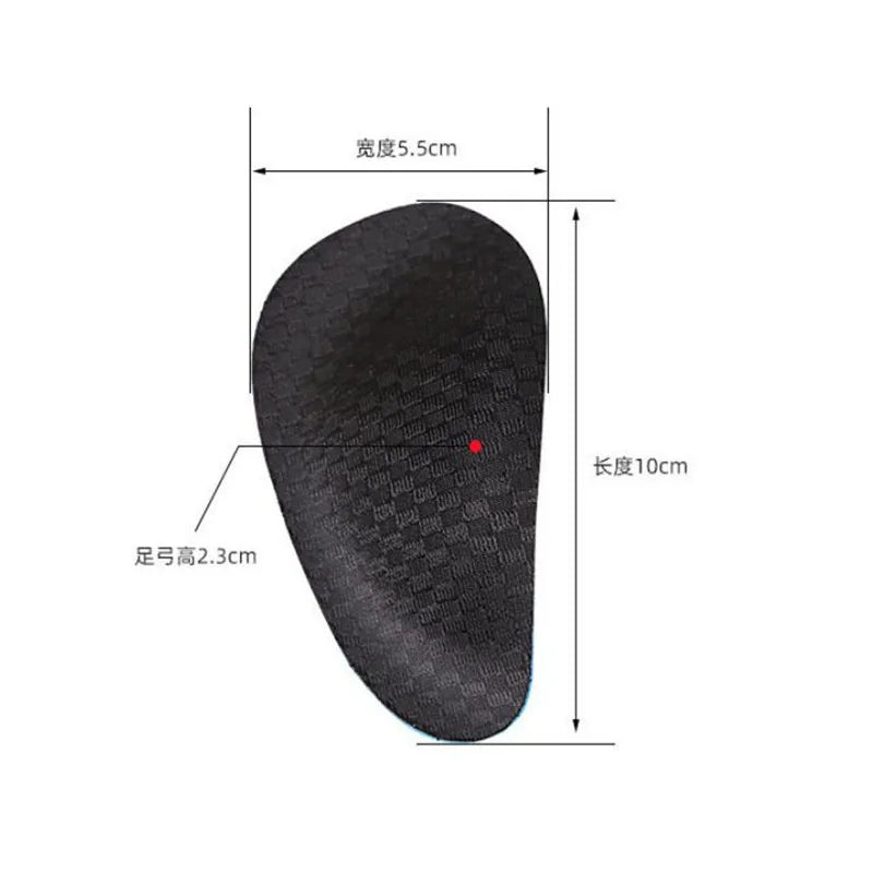 Black orthopedic EVA arch support insoles shown with dimensions of 5.5cm width and 10cm length.