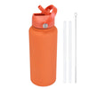 Orange stainless steel vacuum flask water bottle with a hinged lid and attached straw.