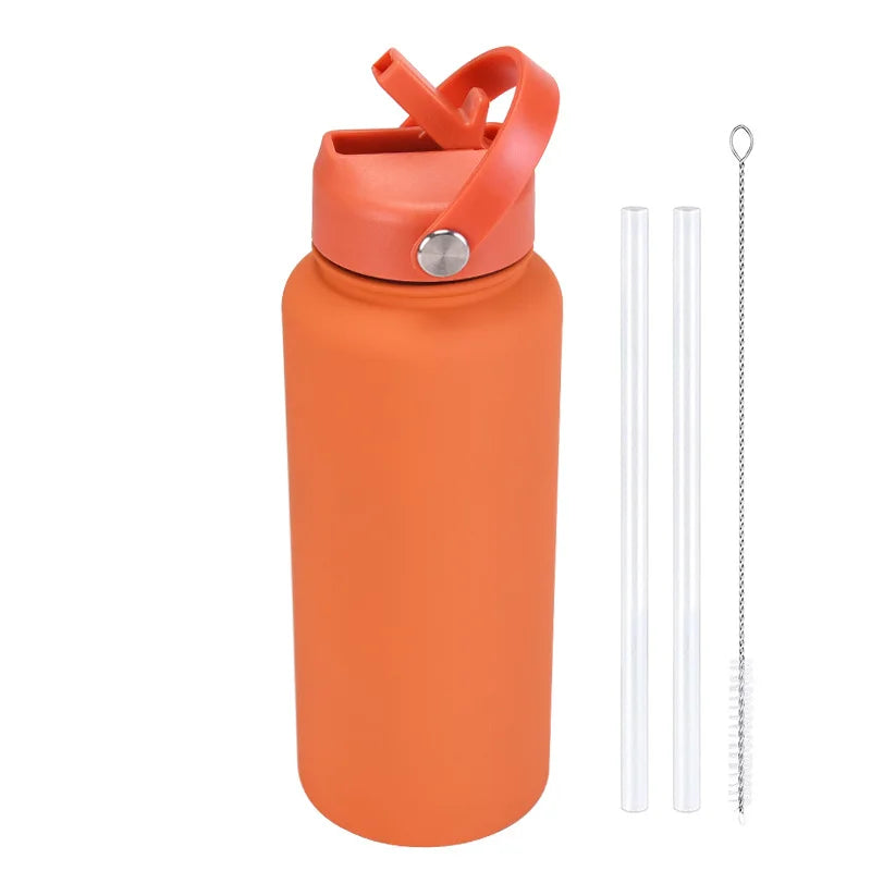 Orange stainless steel vacuum flask water bottle with a hinged lid and attached straw.