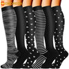 A set of black compression socks with various striped and patterned designs shown on legs.