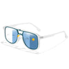 Square photochromic sunglasses with blue lenses and white frames