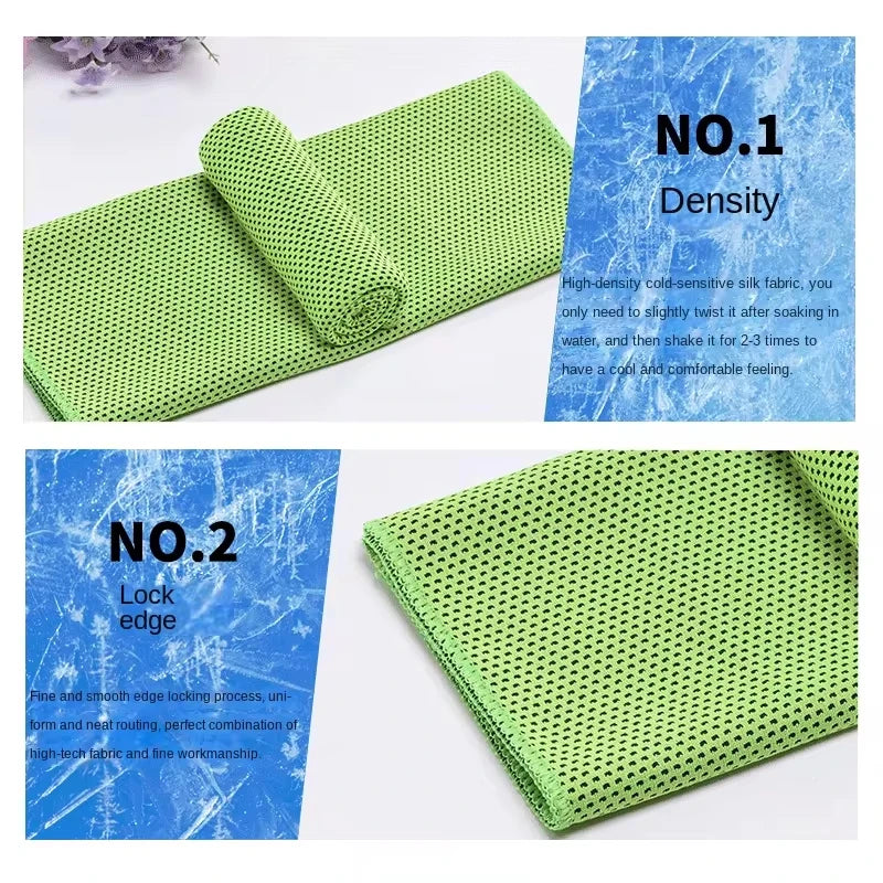 Serviette de refroidissement circulaire verte montrant sa haute densité et son bord verrouillé.