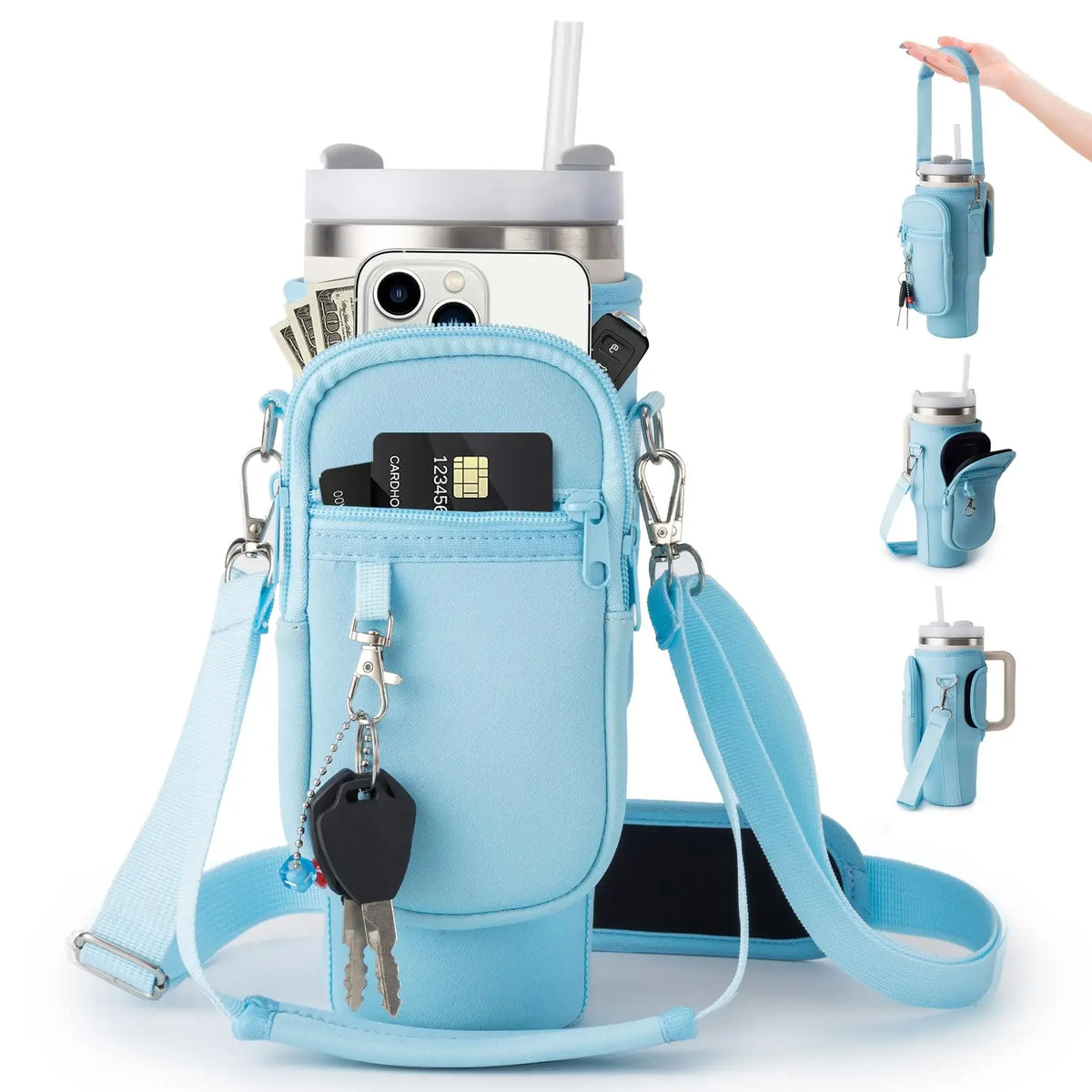 Himmelblaue Wasserflaschenhülle mit Handyfach und Zubehör