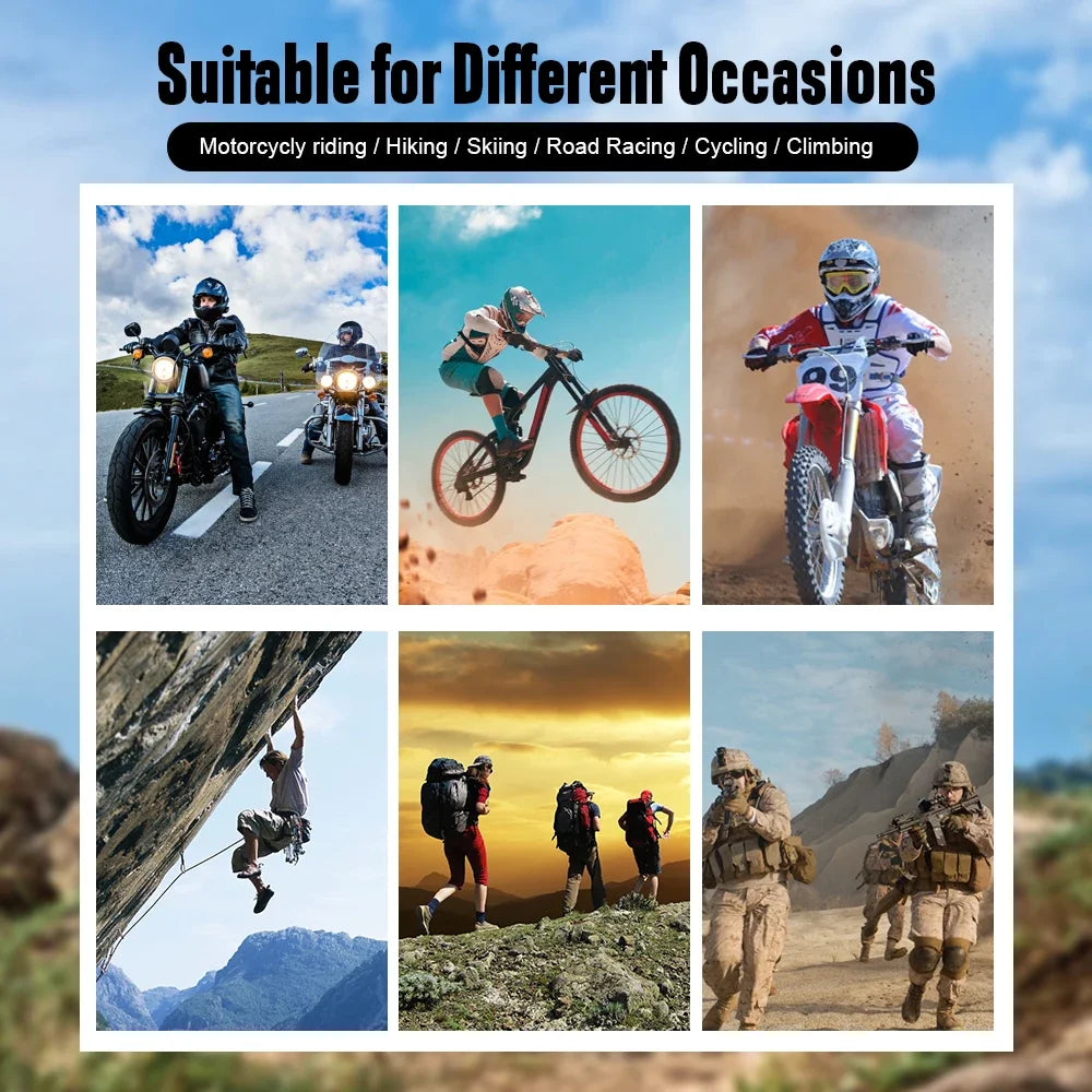 A collage showing various activities like motorcycling, skiing, road racing, cycling, climbing, and outdoor adventures.