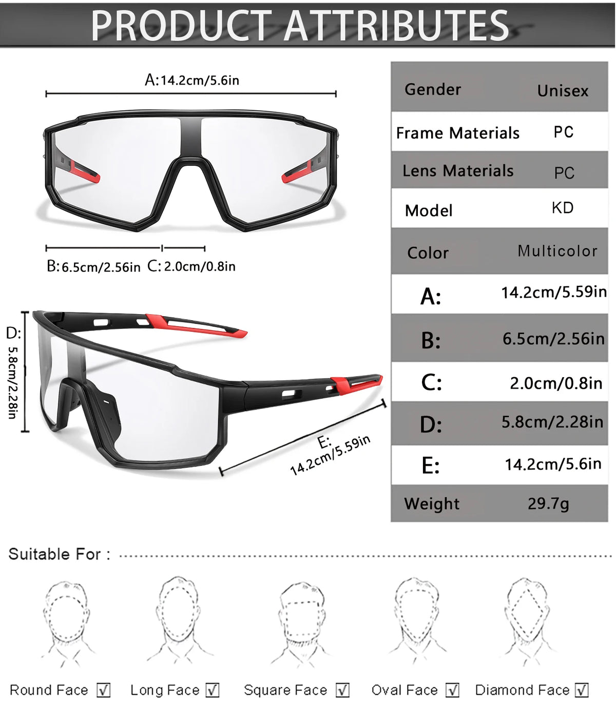 A set of multi-colored photochromic sports sunglasses with various frame and lens options for different face shapes.