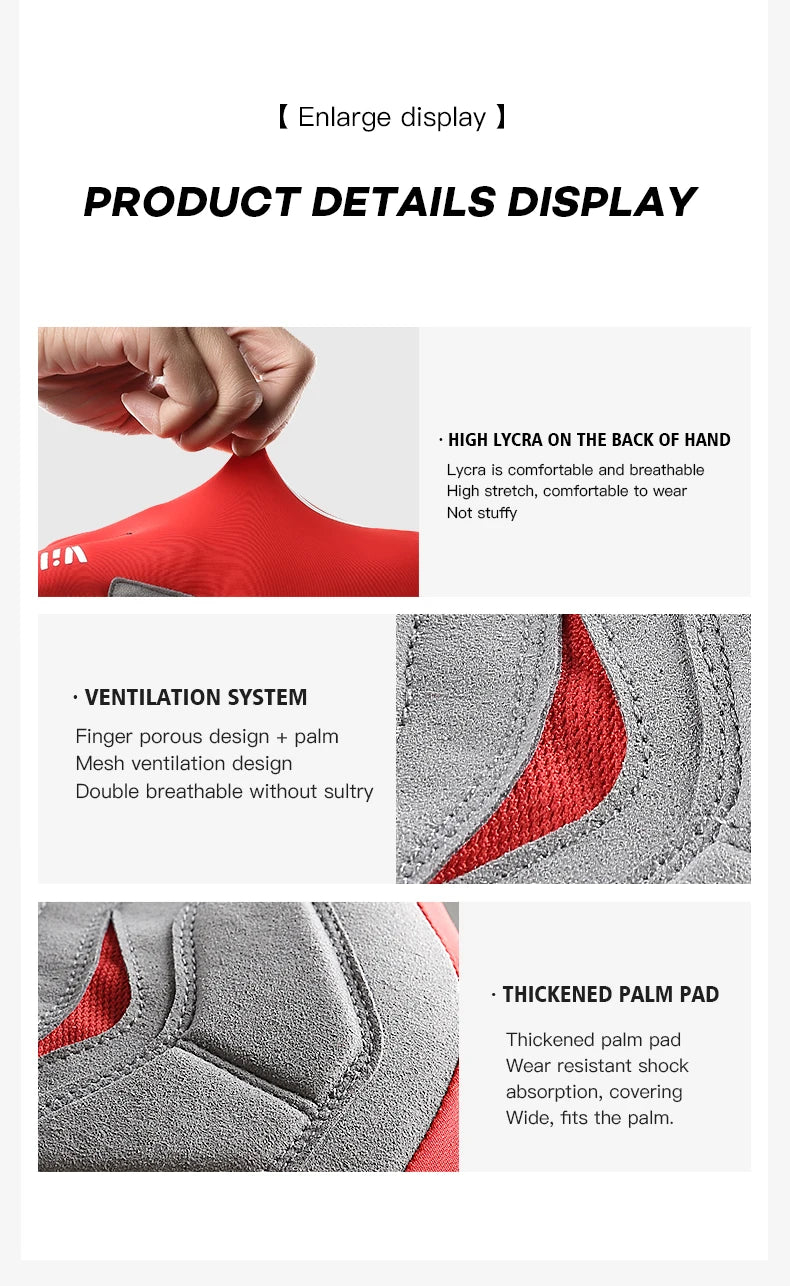 Close-up display of red performance cycling gloves showing features like Lycra, ventilation mesh, and a thickened palm pad.