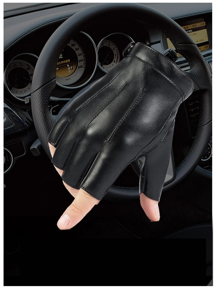A close-up view of black PU leather fingerless fitness gloves resting on a car steering wheel.